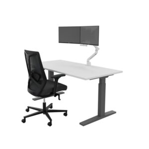 Schreibtisch weiß/graphit elektr. HV + Monitor-Doppelarm + Schublade + Drehstuhl