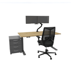 Schreibtisch Asteiche/graphit elektr. HV + Monitor-Doppelarm + Rollcontainer + Drehstuhl