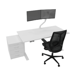 Schreibtisch weiß/weiß elektr. HV + Monitor-Doppelarm + Rollcontainer + Drehstuhl